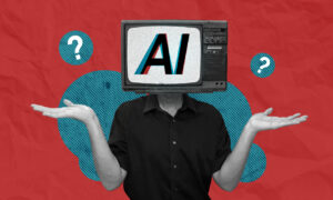 AI being confused concept collage art. Human with TV Head representing artificial intelligence not able to understand the command given. Black and white illustration isolated on red background.